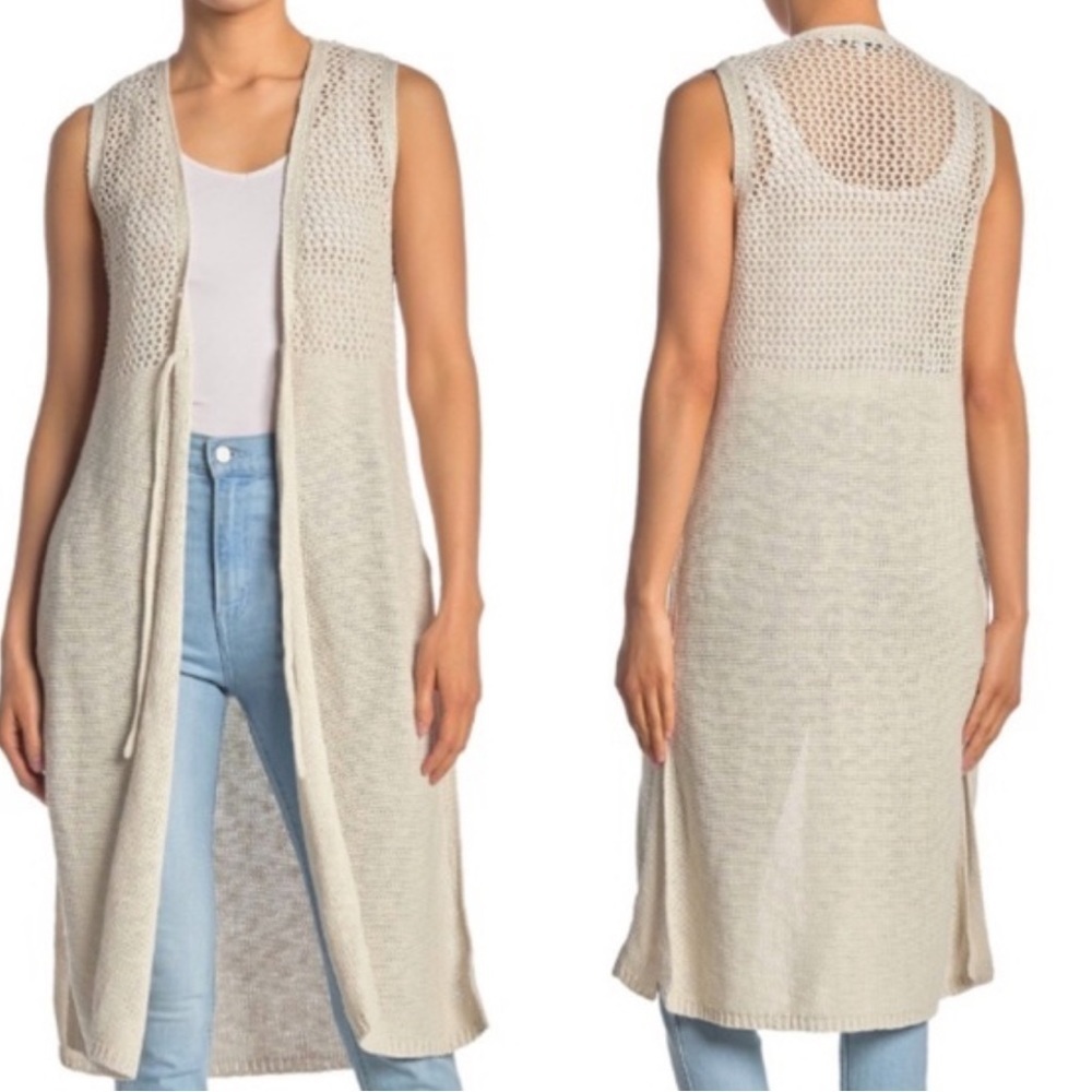 Cupcakes and Cashmere cotton linen natural knit duster vest Sz S ties